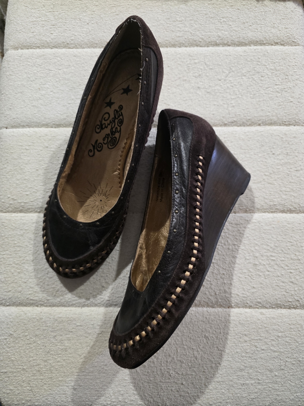 Naughty Monkey Brown Leather And Suede Wedge Pumps, Studs And Gold Braiding.